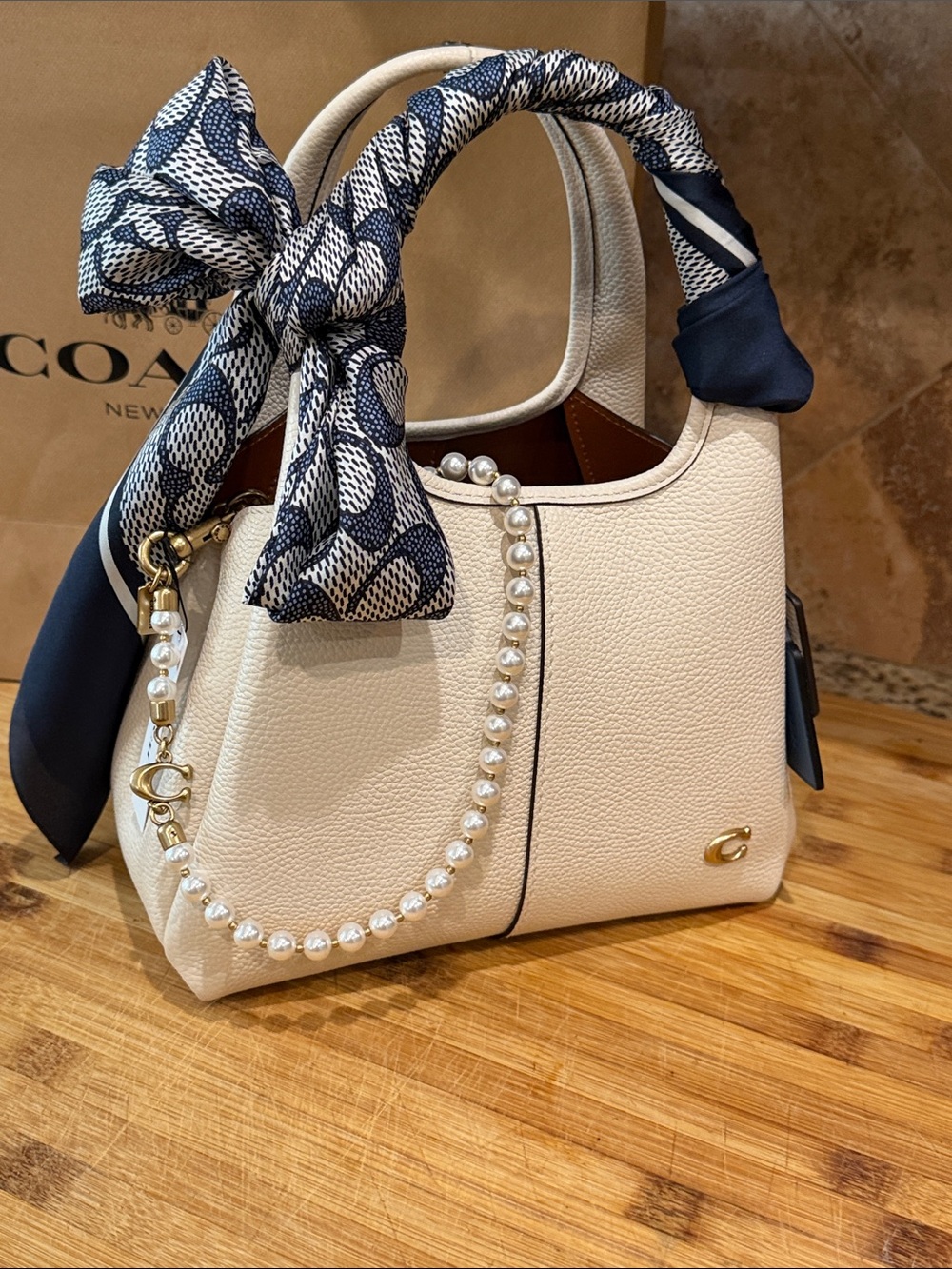 Coach White Pebbled Leather Shoulder Bag with Navy Scarf Accent
